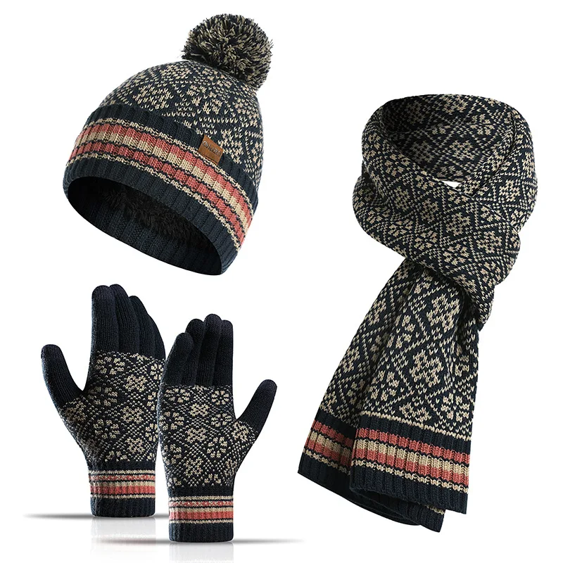 Женский модный зимний теплый вязаный шарф, теплый шерстяной Комплект из трех предметов, шапка, шарф и перчатки