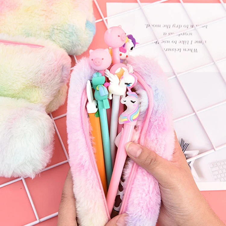 
Wholesale Creative Girls Colorful Cute Fur Pencil Bag School Pink Purple Gradient Plush Pencil Case 