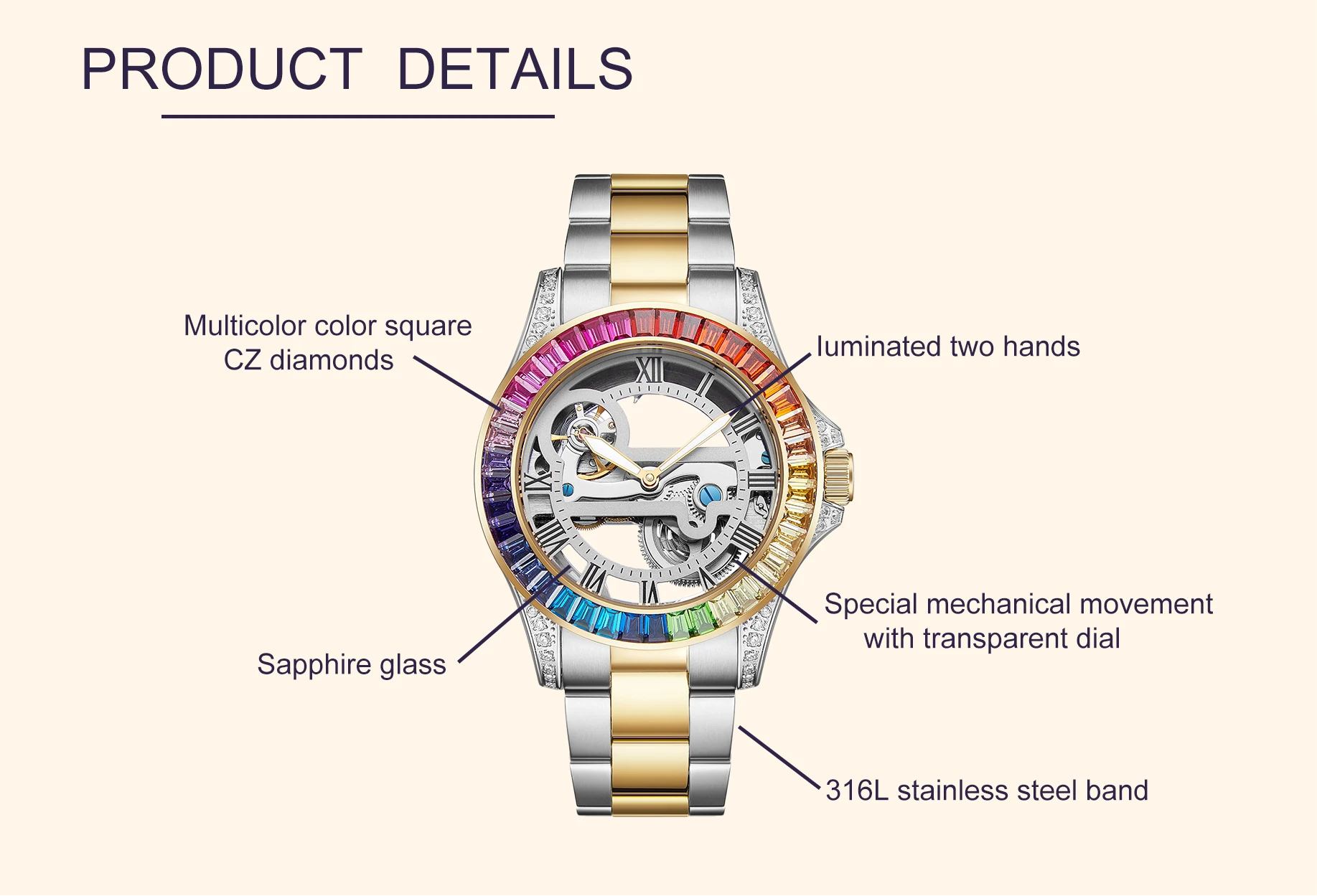Роскошные мужские часы Davena 61609, автоматические многоцветные Роскошные мужские часы из нержавеющей стали с фианитами, автоматические часы