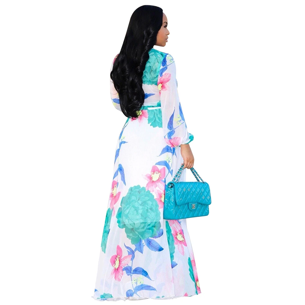 Весенняя мода Этническая Цветочные шифон V шеи с длинным рукавом Пляж Макси длинное платье