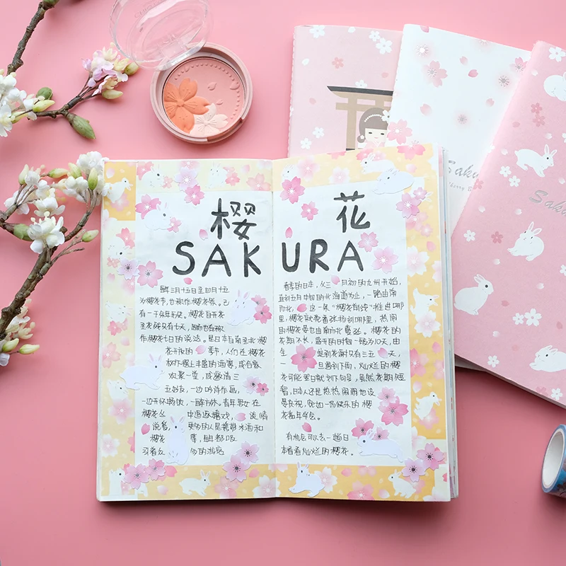 Nekoni Notebook Note Books Sakura Festival with Grid Paper 210mm x 110mm, 32 Sheets/64 Pages Per Pad for Handbook