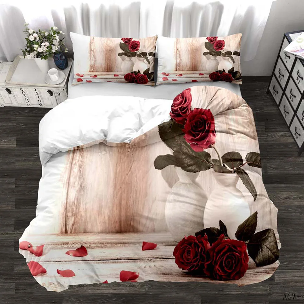 3D Digital printing Rose Flowers design bed sheet set duvet cover set with pillowcase flat sheet fitted sheet Bedding sets