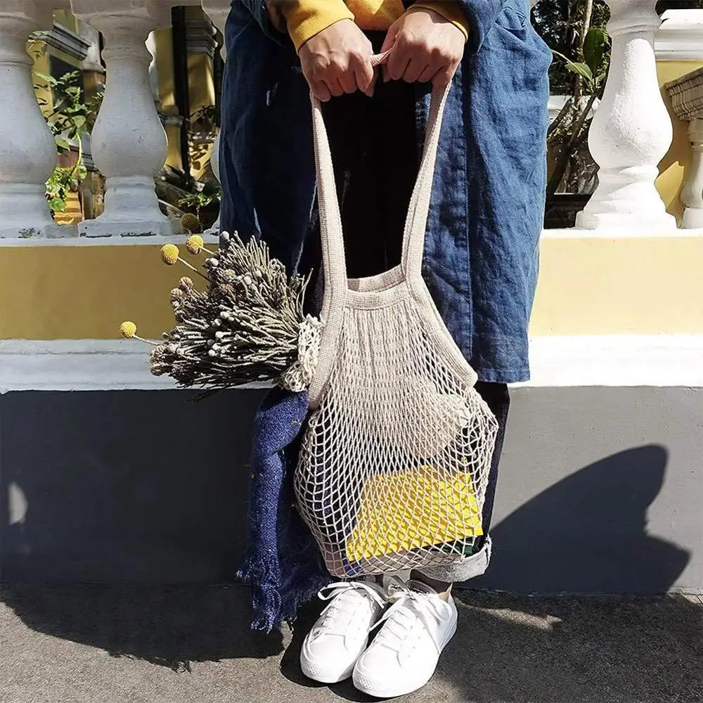 Сетчатая Сумка для покупок, многоразовая хлопковая Сетчатая Сумка, моющаяся сумка-Органайзер на шнурке