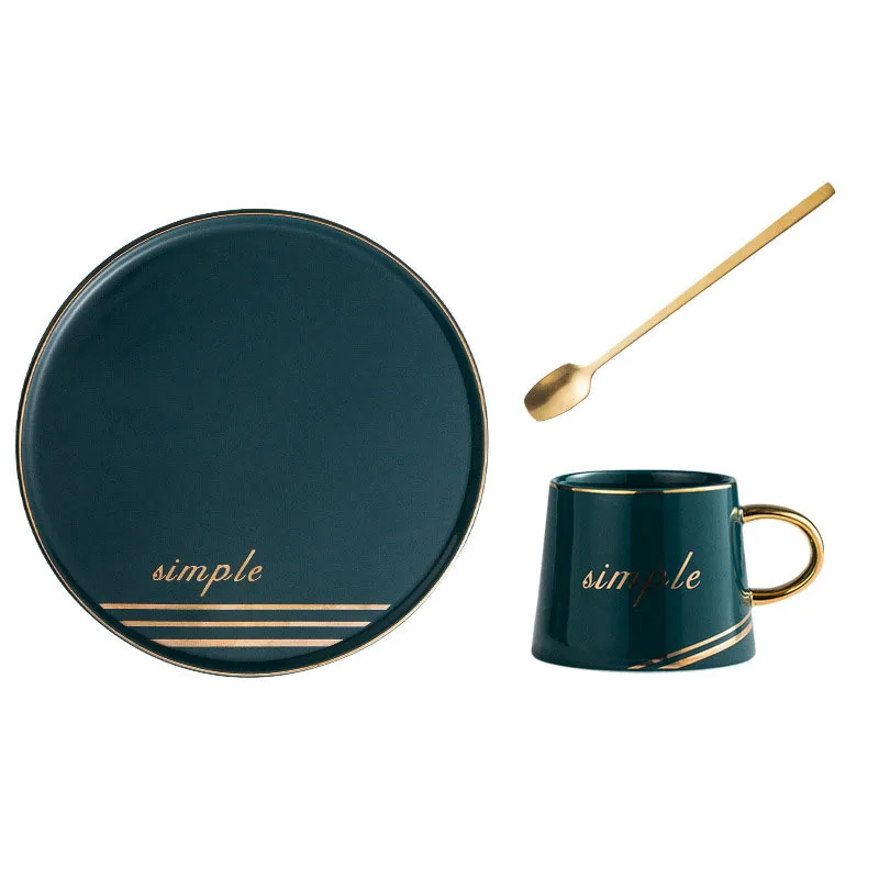 New wholesale tea coffee cup set golden handle ceramic cup set with saucer and spoon 200ml