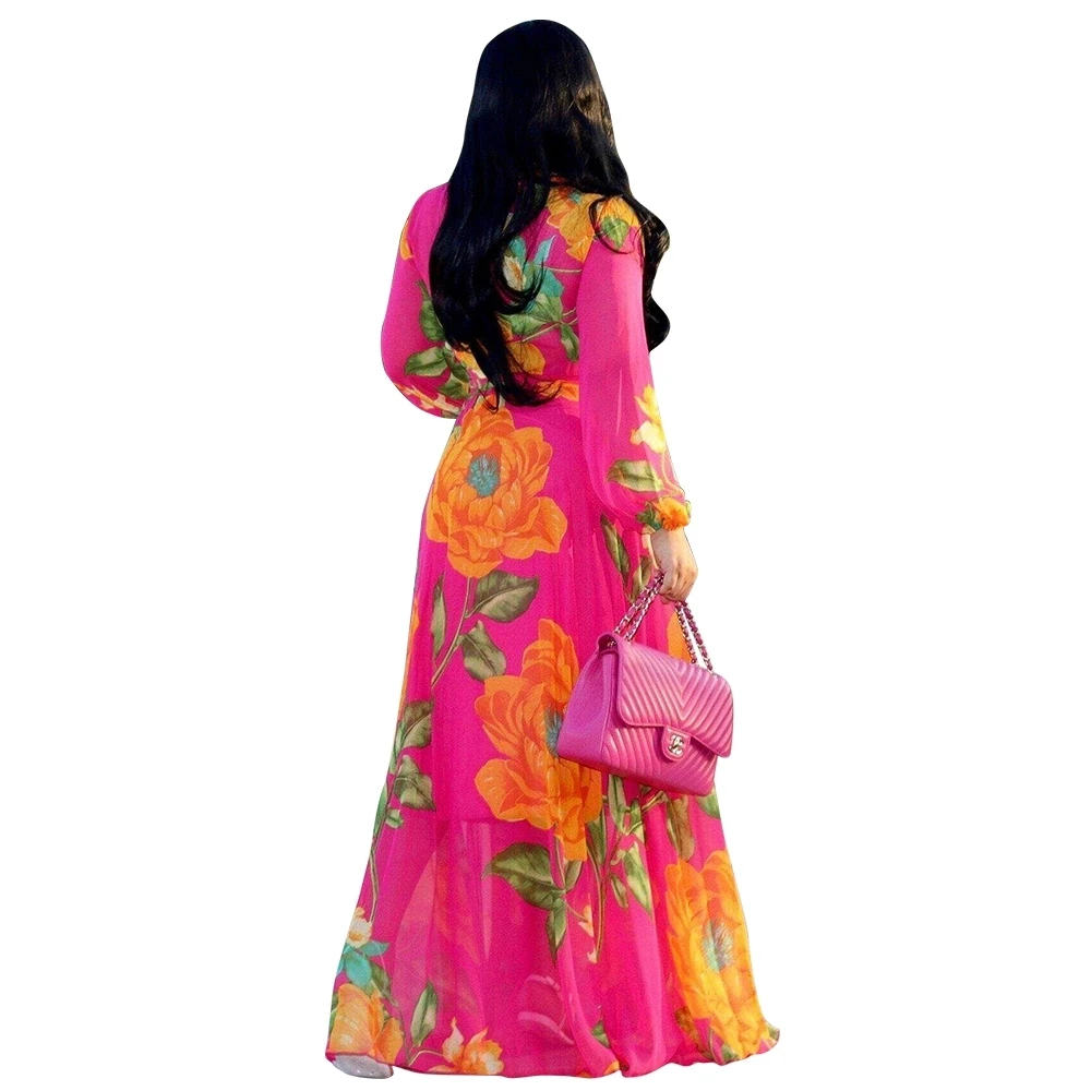 Весенняя мода Этническая Цветочные шифон V шеи с длинным рукавом Пляж Макси длинное платье