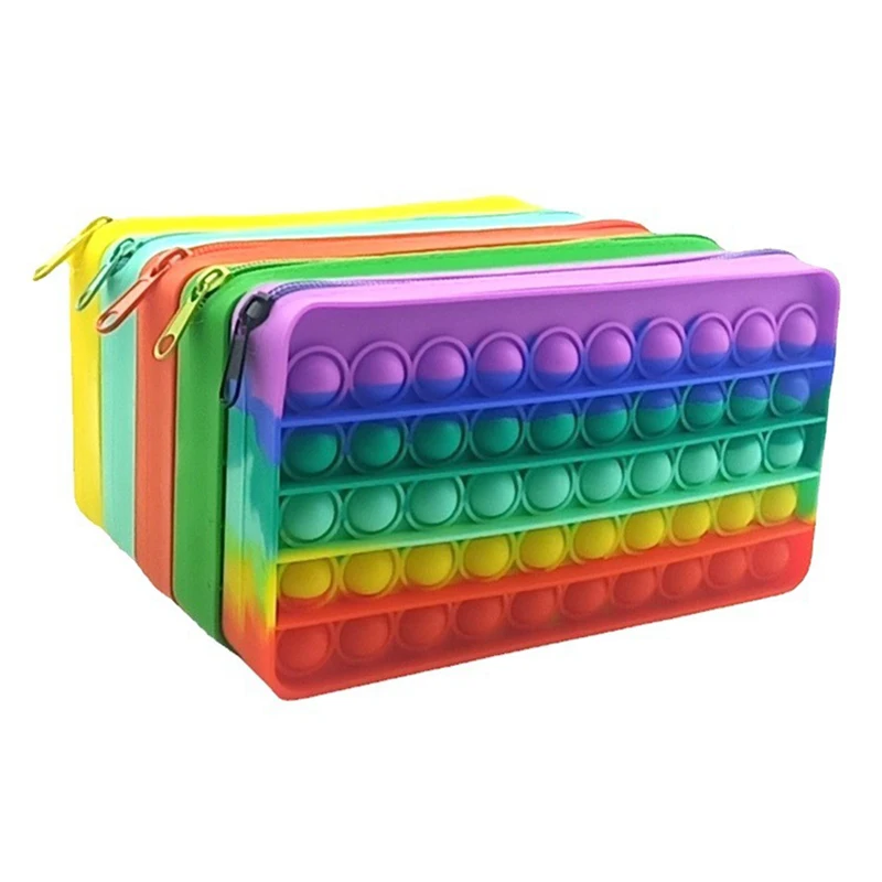 Pop Its Pencil Cases Simple Version of Rainbow Pure Color Press Silicone Decompression Bubble Pencil Case Stationery Storage Bag