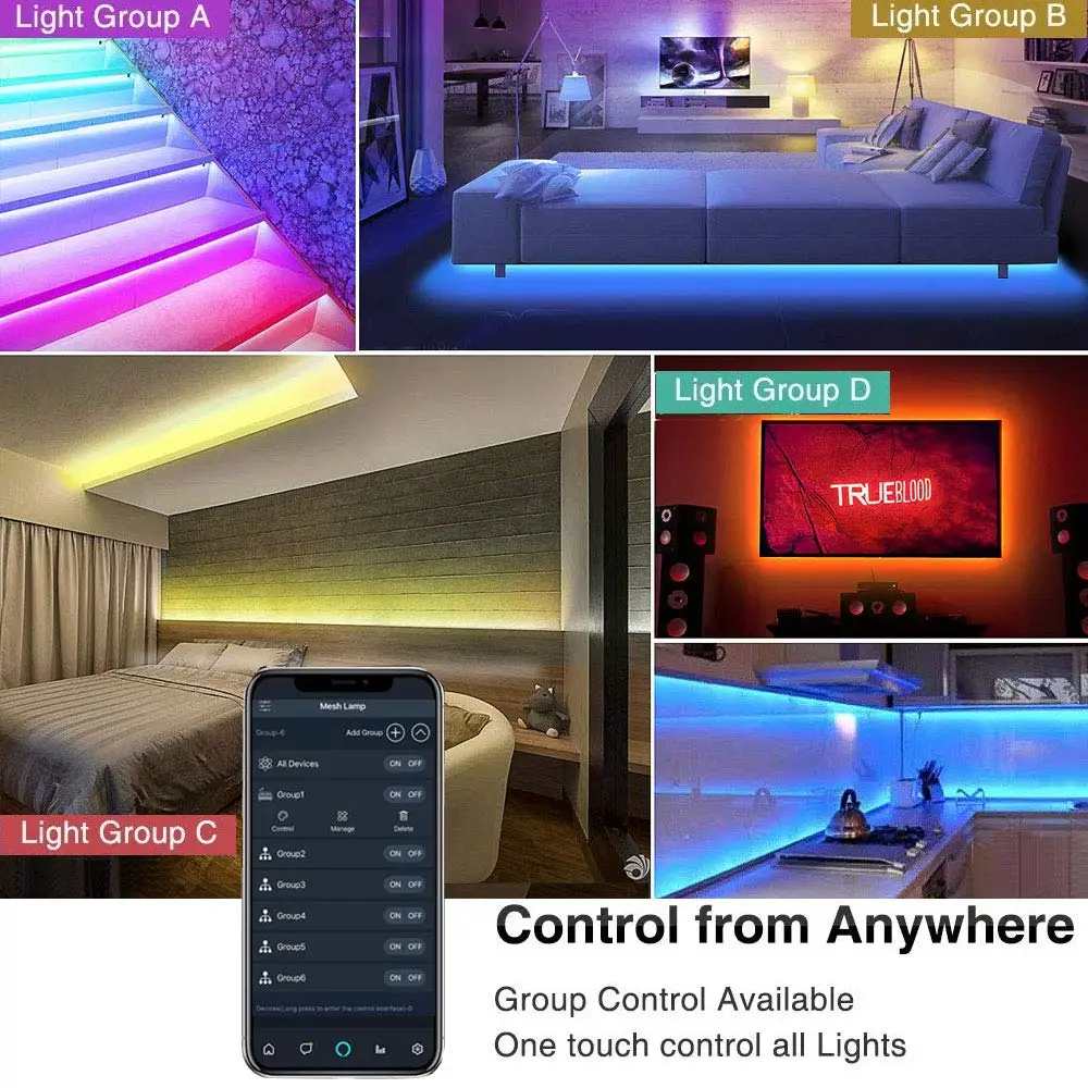 
 High quality flexible led strip 16.4ft 300leds smart phone controlled music sync light kit waterproof rgb led strip light  