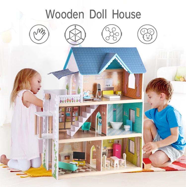 
 Pretend Role Play DIY Educational Toy Big Kids Wooden Doll House Villa With Doll Room Furniture Dollhouse  