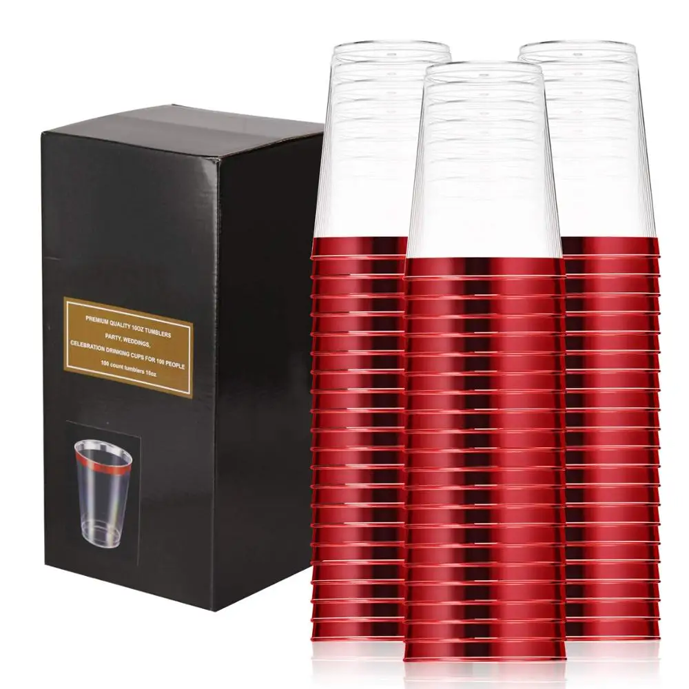 
 Пластиковые одноразовые чашки 12 унций с красным ободом для вечеринки и свадьбы, десертные чашки с черным ободом  