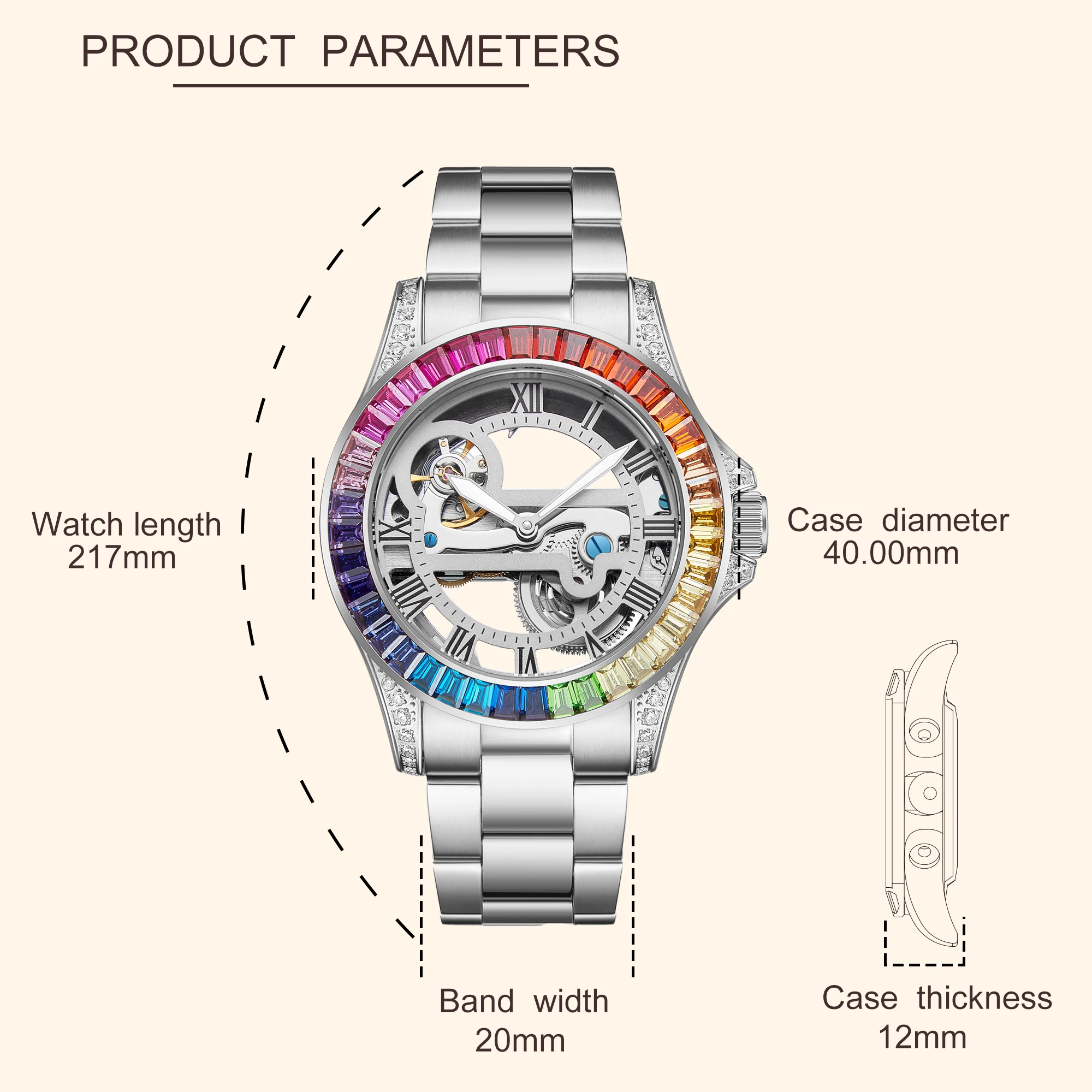 Роскошные мужские часы Davena 61609, автоматические многоцветные Роскошные мужские часы из нержавеющей стали с фианитами, автоматические часы