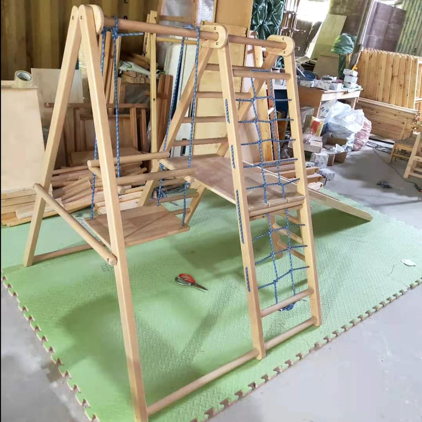 Children indoor playground equipment kids wooden climbing frame foldable pikler triangles with a slide:ladder