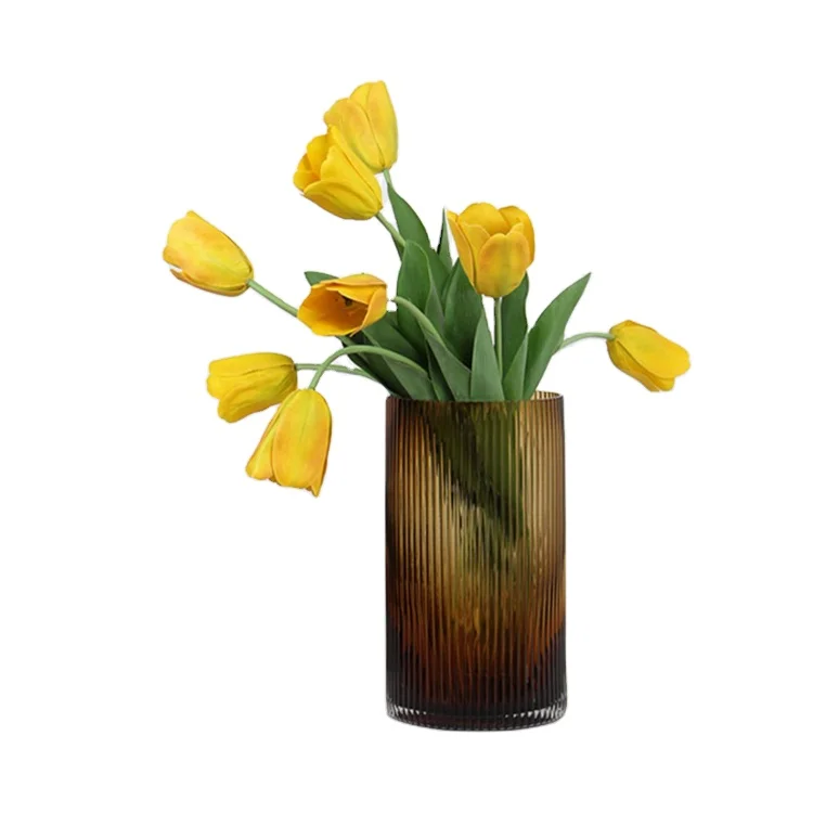 Оптовая продажа дешевые цилиндрические полосатые янтарные стеклянные цветы вазы для декора комнаты