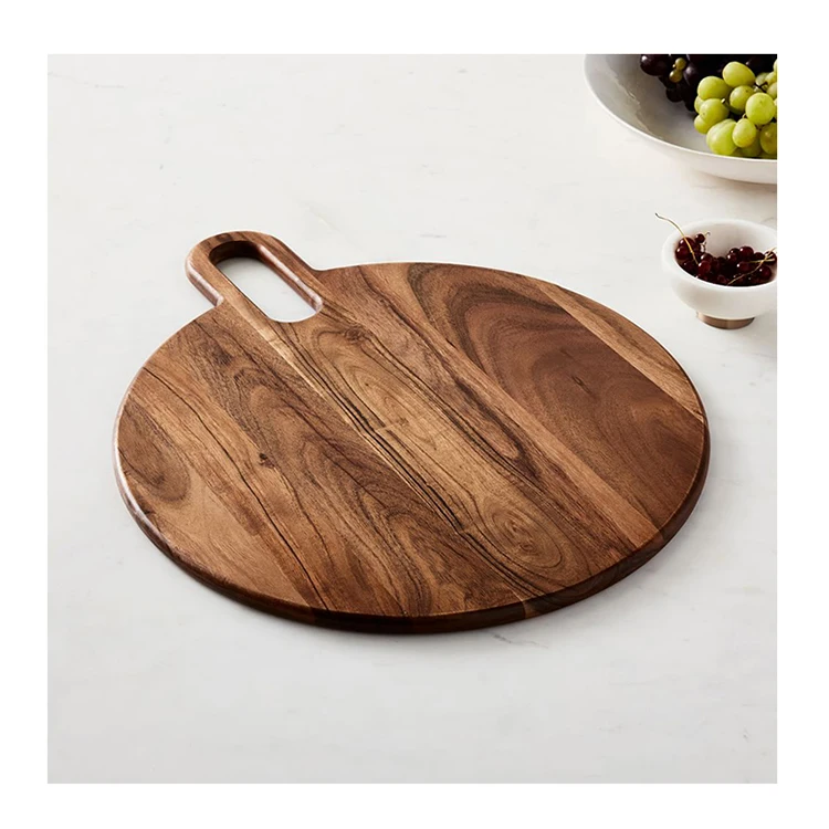 Оптовая продажа, кухонная круглая деревянная доска из акации с Большой бамбуковой ручкой для сервировки еды