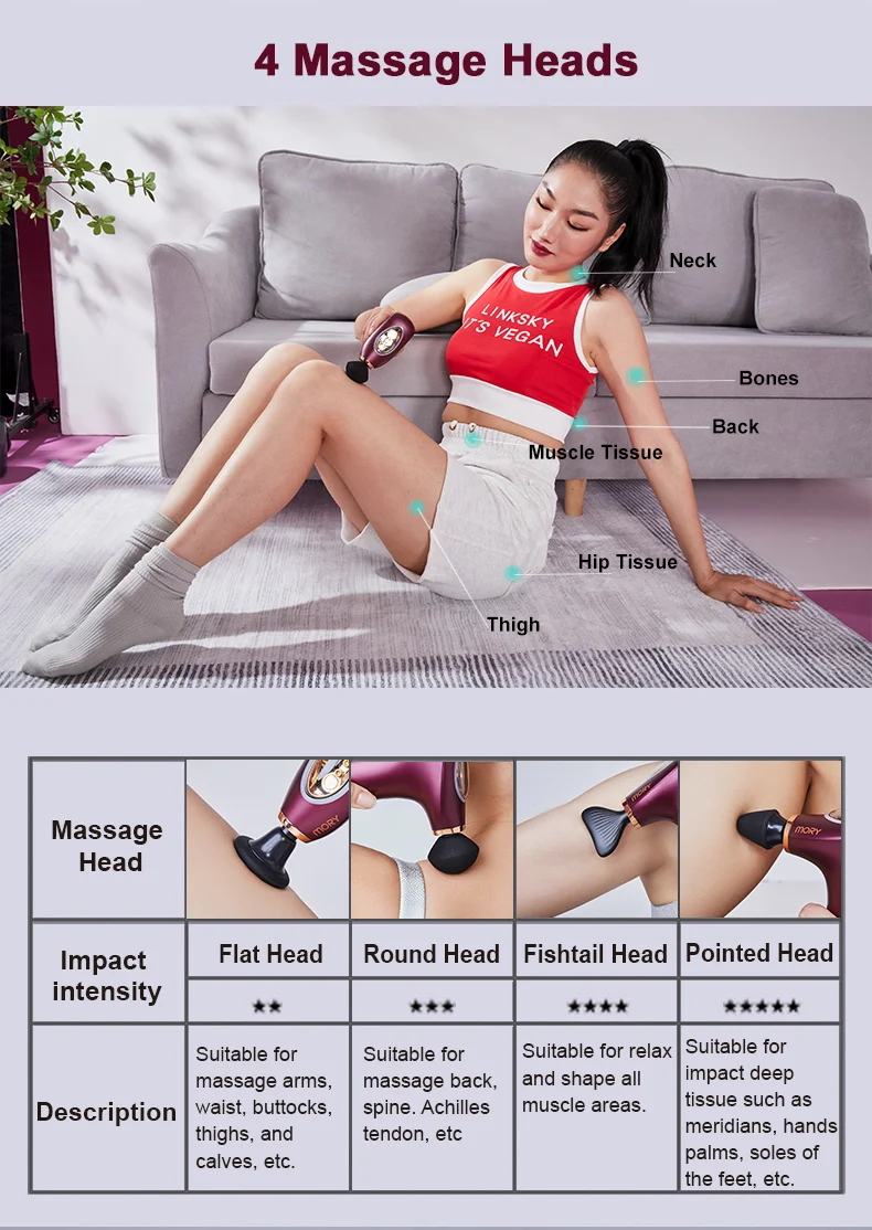 Electric Vibrate Fascia Deep Tissue Mini Portable Therapy Custom Logo Massager Gun Massage Gun 4 Heads Massage 10W Max 26W BLDC