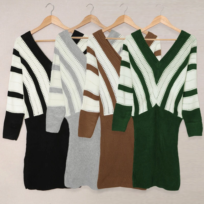 
 Женское трикотажное платье-свитер, повседневное облегающее платье с разноцветными вставками и вырезами, осень 2021  