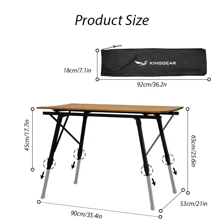 Складной алюминиевый стол для пикника KINGGEAR с деревянным узором и регулируемой высотой