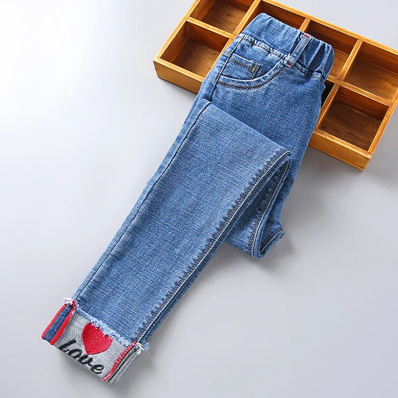 Новые модные милые повседневные длинные брюки с вышивкой в Корейском стиле на весну и осень, детские джинсовые брюки на заказ для девочек