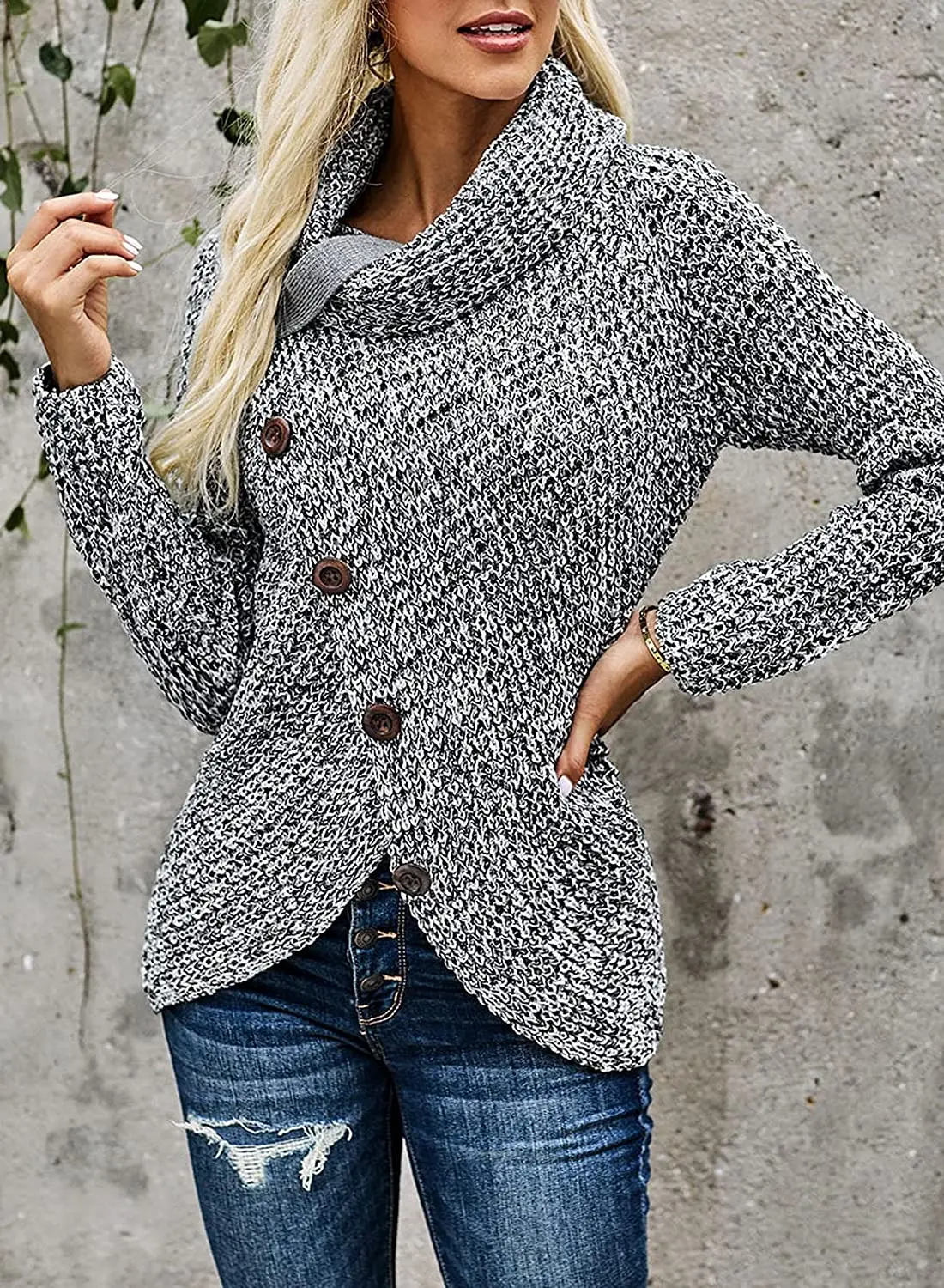 Женский однотонный плотный свитер, вязаный однотонный пуловер с косыми пуговицами и длинным рукавом, Осень-зима 2021