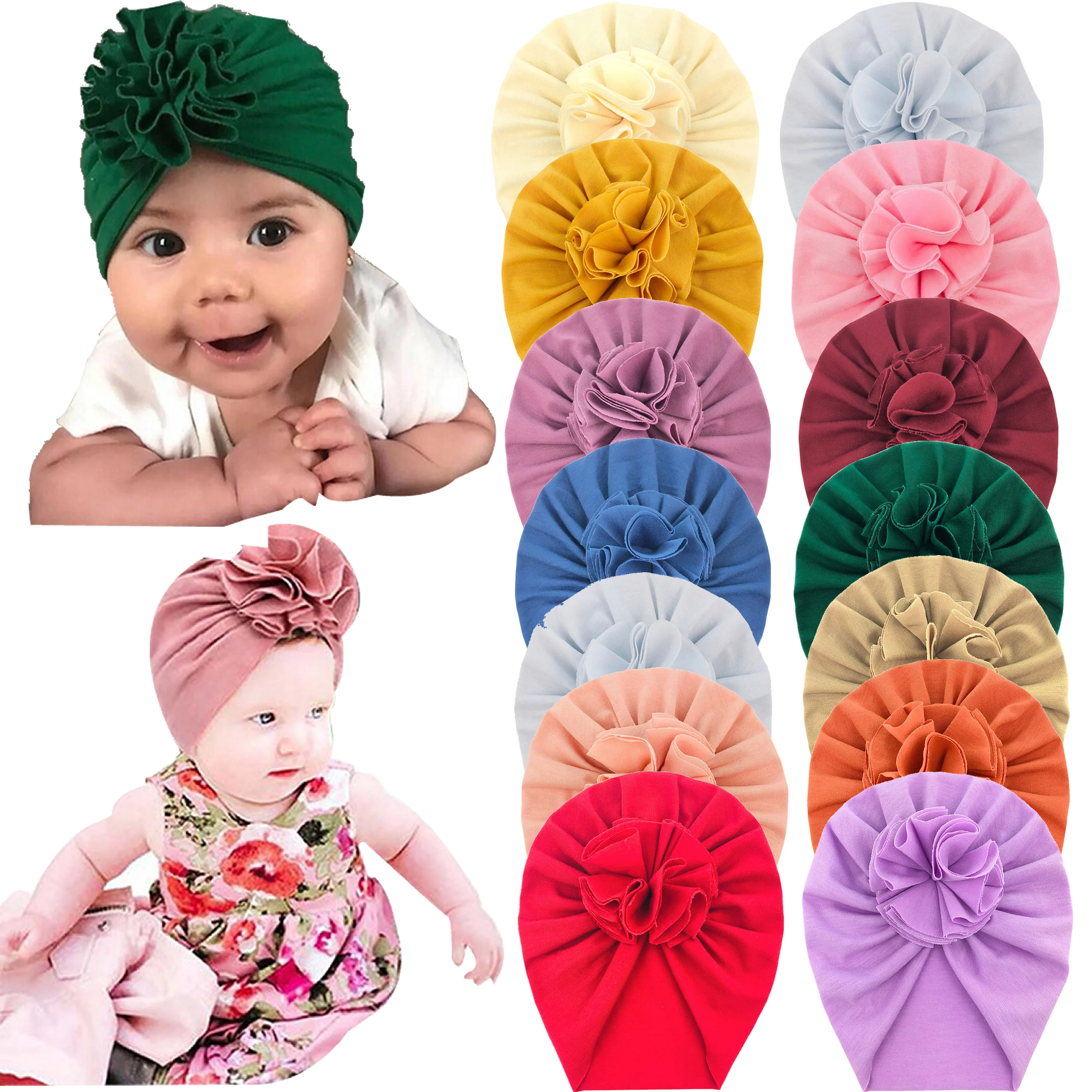 Оптовая продажа, однотонные индийские шапки с большими цветами, теплые вязаные шапки, детские шапки-тюрбаны, головные уборы, шапочка для маленьких девочек, малышей, детей