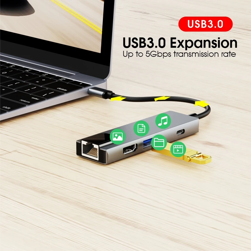 Пользовательский USB C концентратор 6 в 1 док-станция для Macbook RJ45 Ethernet 4K HDTV SD TF кардридер 3 0 с зарядным портом