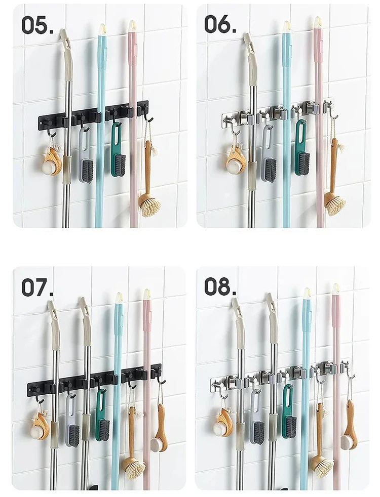 Stainless Steel Self Adhesive Tool Holder Organizer With Hook Mop Broom Holder Wall Mount