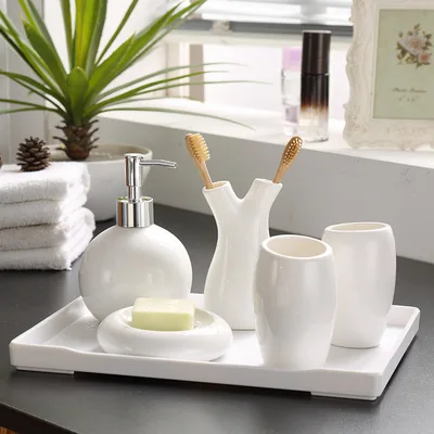 Simple Ceramic Bathroom 5-piece Japanese Style Bathroom Set Wholesale Hotel Supplies From Stock