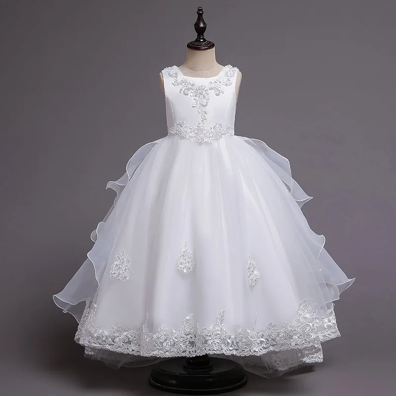Длинная юбка с пушистым хвостом, детская принцесса для первого причастия, одежда для вечеринки для девочек, платья для свадьбы, детское платье, платья для девочек с цветами, белые
