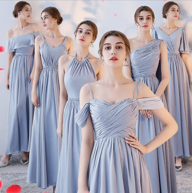 
 Китайский поставщик, шесть типов шифоновых платьев для подружки невесты с открытыми плечами, синие, розовые  