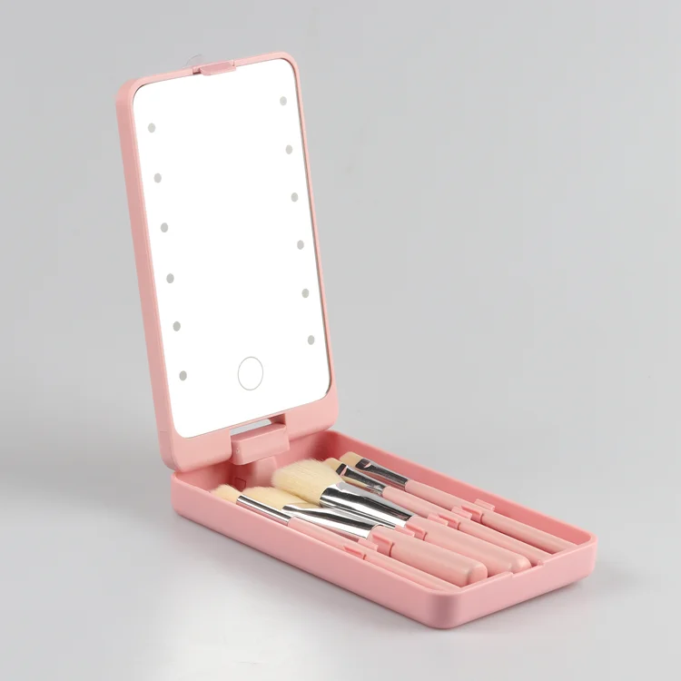Новый профессиональный косметический набор с логотипом на заказ для лица натуральные волосы розовые кисти макияжа зеркальный со светодиодными