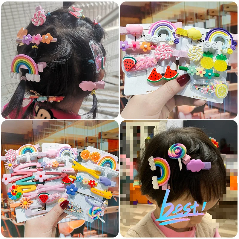 Оптовая продажа, милые детские заколки для волос с изображением цветов и фруктов в мультяшном стиле, леденец, радуга, детские заколки для волос