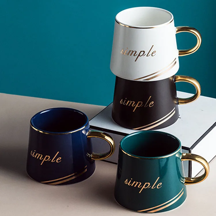 New wholesale tea coffee cup set golden handle ceramic cup set with saucer and spoon 200ml