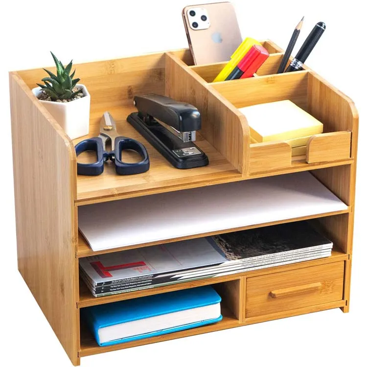
 4 яруса бамбуковый офисный стол блокнот Организатор с ящик для хранения косметики ящик для хранения  