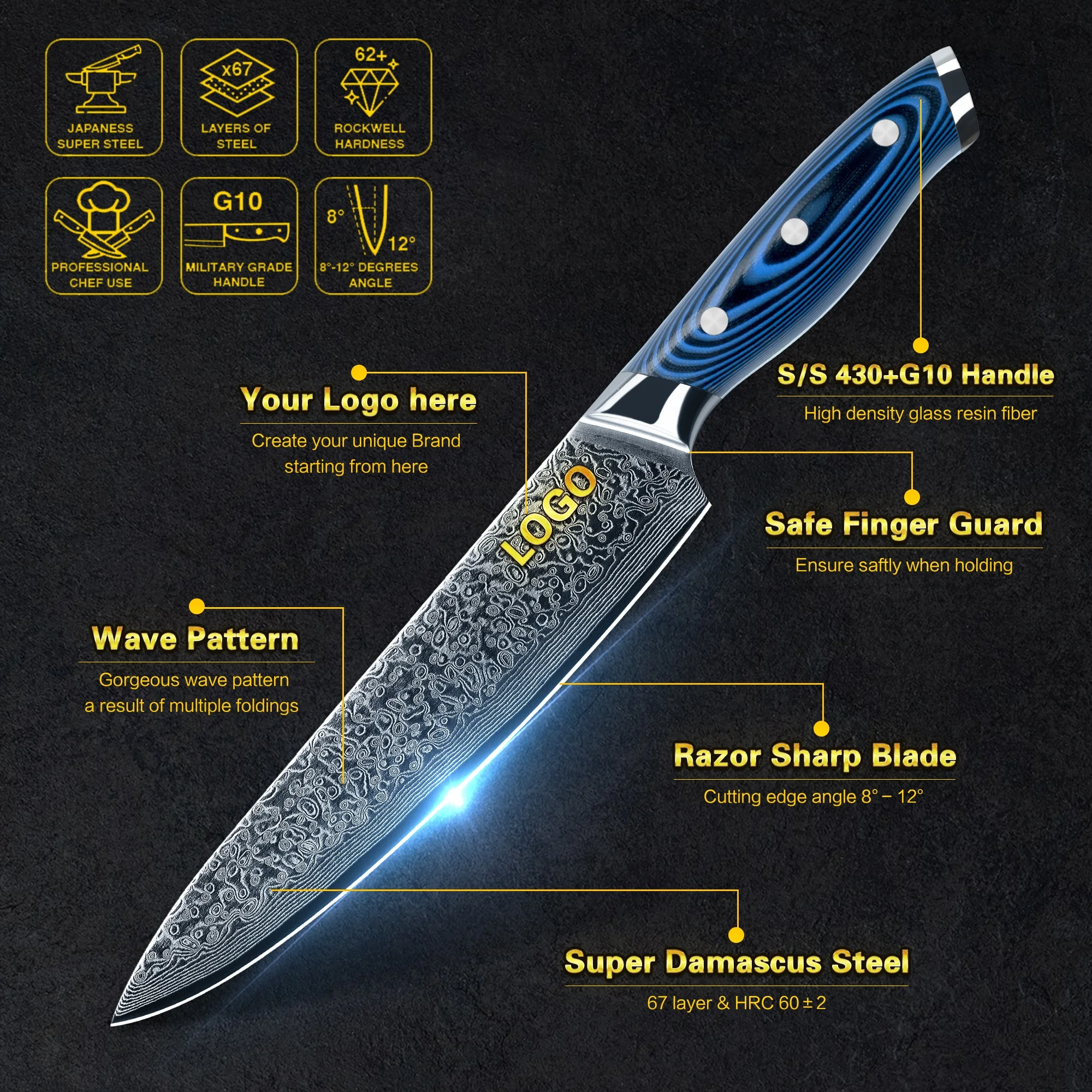 Набор профессиональных японских кухонных ножей SkyCook vg10, набор дамасских ножей с ручкой Bule G10