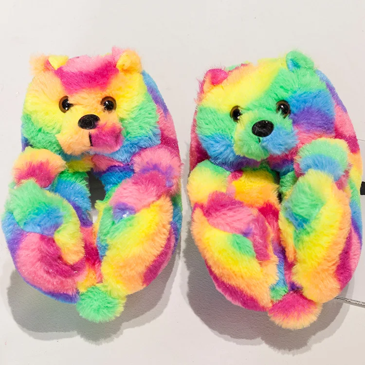 Осенне-зимние теплые пушистые домашние детские туфли мягкие Нескользящие Симпатичные плюшевые детские тапочки с медведем из искусственного меха