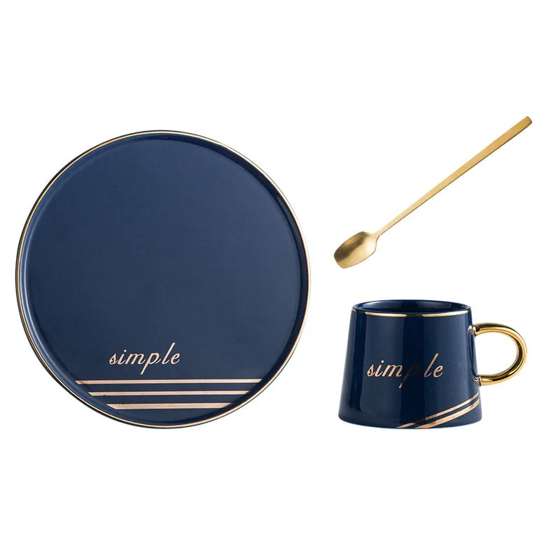 New wholesale tea coffee cup set golden handle ceramic cup set with saucer and spoon 200ml