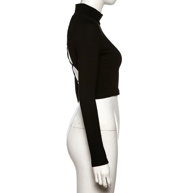 
Женский облегающий топ с вырезами на спине, Повседневная Уличная футболка с высоким воротником в стиле Харадзюку, 2019 
