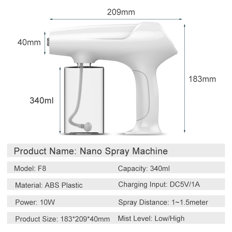 Wireless Alcoholic Sanitizing Sprayer Fogging Machine Disinfectant Atomizer UV Blue Light F8 Nano Mist Sanitization Gun