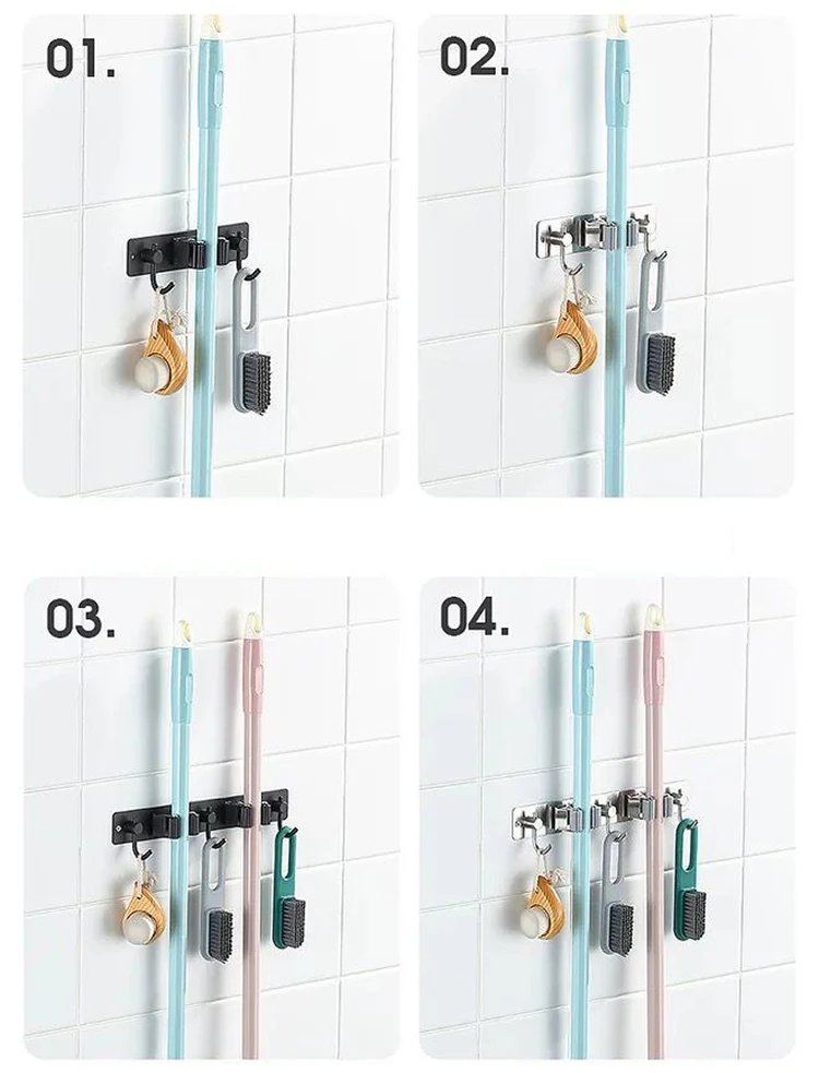 Stainless Steel Self Adhesive Tool Holder Organizer With Hook Mop Broom Holder Wall Mount