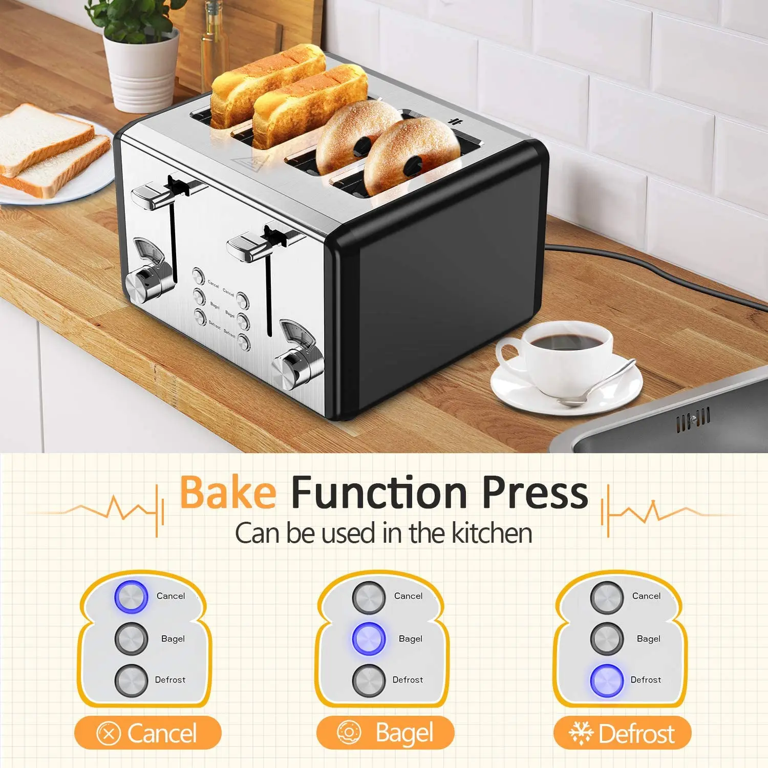 Электрическая автоматическая хлебопечка ONSON, тостер из нержавеющей стали на 4 ломтика, с 6 уровнями коричневого оттенка, со съемным лотком для крошек