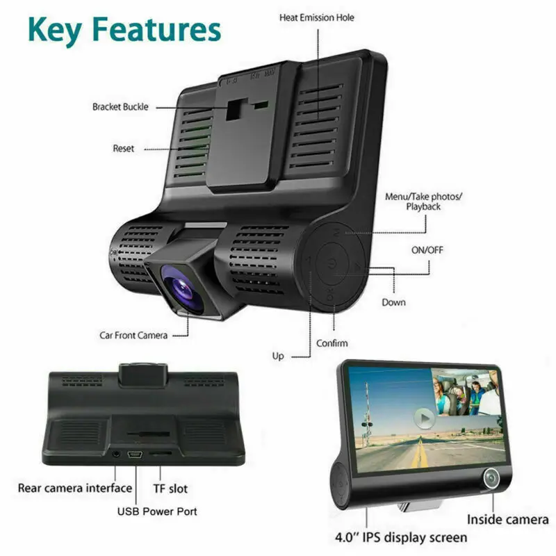 
4 'HD 1080P 3 объектива Автомобильный видеорегистратор Камера заднего вида 170 градусов 