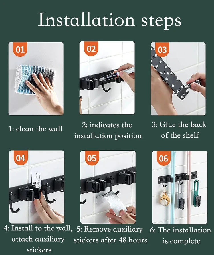 Stainless Steel Self Adhesive Tool Holder Organizer With Hook Mop Broom Holder Wall Mount