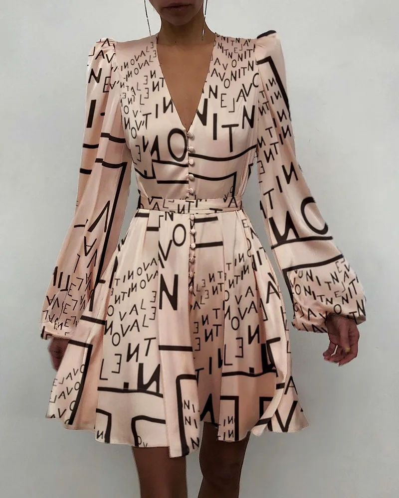 Женское атласное платье-трапеция на пуговицах, однотонное Элегантное повседневное платье-мини свободного покроя с V-образным вырезом и длинным рукавом, весна 2021