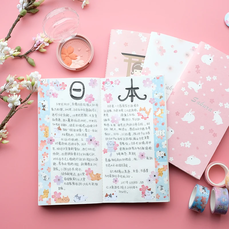 Nekoni Notebook Note Books Sakura Festival with Grid Paper 210mm x 110mm, 32 Sheets/64 Pages Per Pad for Handbook