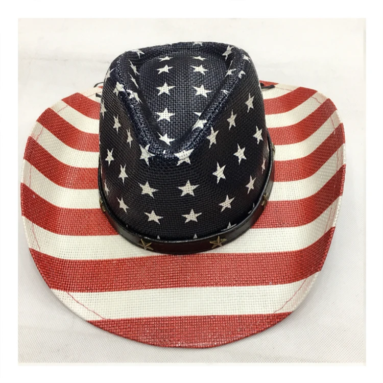 
Высококачественная бумажная соломенная ковбойская шляпа, США, американский флаг, шляпа со звездами и полосками, соломенная шляпа с корректируемыми краями 
