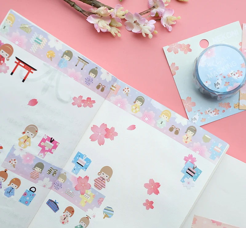Nekoni Notebook Note Books Sakura Festival with Grid Paper 210mm x 110mm, 32 Sheets/64 Pages Per Pad for Handbook
