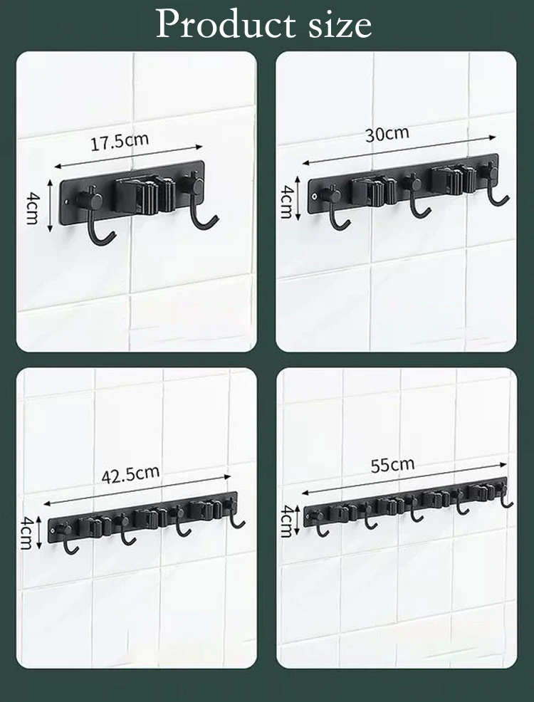 With Hook Tool Holder Organizer Stainless Steel Self Adhesive Wall Mount Mop Black Broom Holder