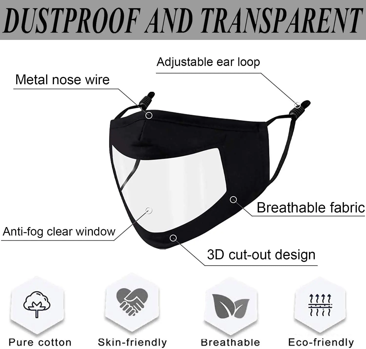 Забавный дизайн Мягкая ткань анти-туман прозрачный пластиковый щит прозрачная маска для лица с регулируемыми ушными петлями