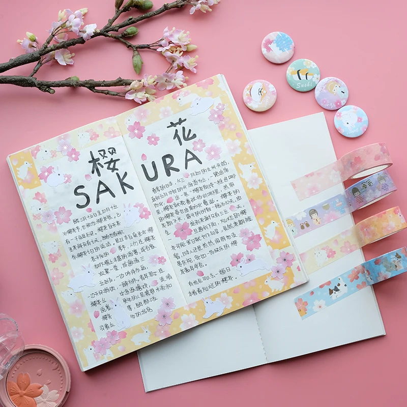 Nekoni Notebook Note Books Sakura Festival with Grid Paper 210mm x 110mm, 32 Sheets/64 Pages Per Pad for Handbook