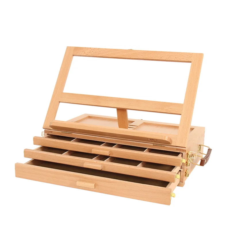 Деревянный складной мольберт для скетчей миниатюрный художественный с тремя ящиками