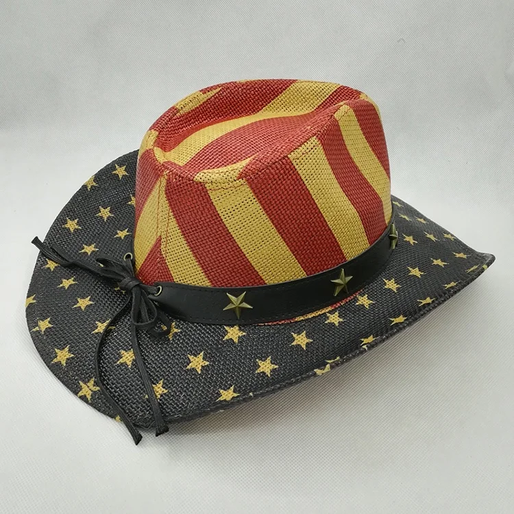
Высококачественная бумажная соломенная ковбойская шляпа, США, американский флаг, шляпа со звездами и полосками, соломенная шляпа с корректируемыми краями 